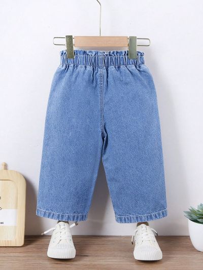 Baby Girl Vintage & Cute Elastic Waist Flower Bud Design Wide Leg Jeans With Soft Washed Denim, Light Blue