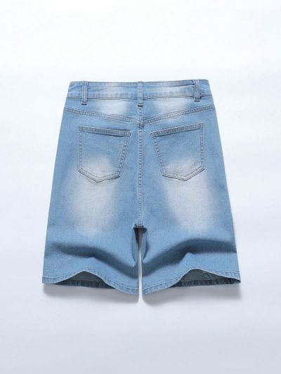 Male Teenagers Stretchy Ripped Denim Shorts With Full Spray And Wrinkled Denim Shorts