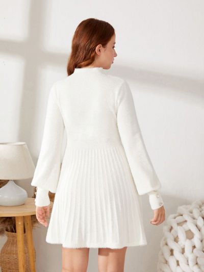 SHEIN Teen Girl Mock Neck Lantern Sleeve Pleated Hem Sweater Dress Without Belt
