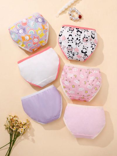 6pcs Girls' Cartoon Printed Color-Block Trim Triangle Panties