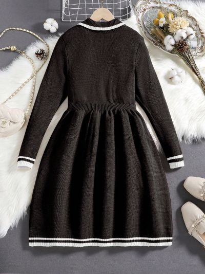 SHEIN Girls' Sweater Dress With Doll Collar, Autumn And Winter