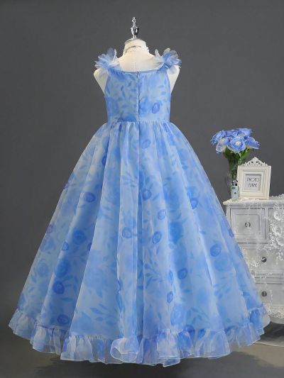Tween Girls' 3d Floral Spaghetti Strap Sleeveless Dress With Printed Flower & Ruffle Hem, Perfect For Performance, Wedding, Evening Party And Birthday