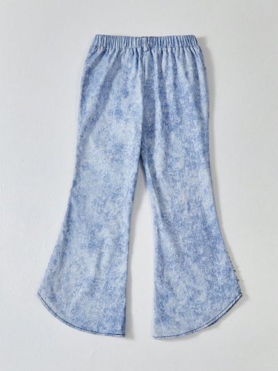 SHEIN Tween Girls' Slim Fit College-Style Elastic Waist Faux Denim Slub Twill Printed Pearl Detail Irregular Hem Pants