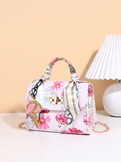 Silk Scarf Decorated Colorful Printed Tote Bag (random Scarf Pattern)