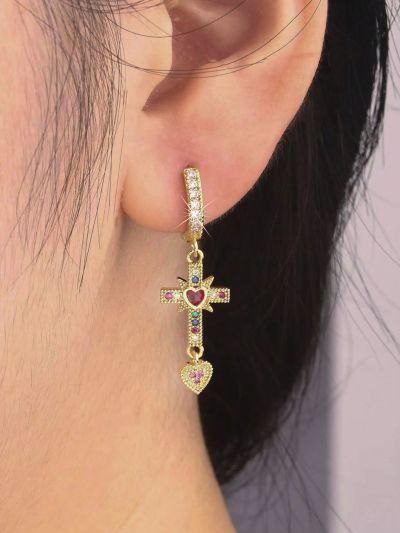 2pcs Cubic Zirconia Cross & Heart Drop Earrings