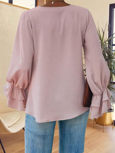 Plus Size V-Neck Double Layered Ruffle Hem Sleeve Cuff Blouse