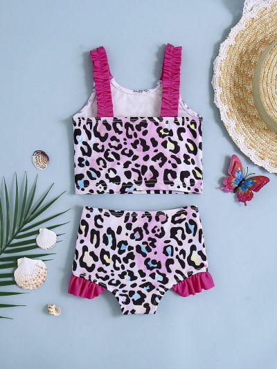 SHEIN Baby Girl Casual Leopard Print Colorblock Halter Top And Triangle Shorts Swimwear Set For Holiday
