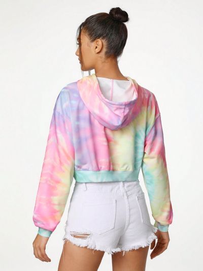 sosiwon Women'S Tie Dye Drawstring Hooded Cropped Sweatshirt