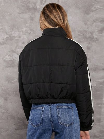 Teen Girl Letter Patched Striped Side Puffer Coat