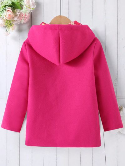 SHEIN Kids EVRYDAY Little Girls' Floral Print Lined Woolen Coat With Upturned Buttoned Hood