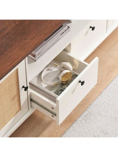 Rattan TV Stand for 65+ Inch TV, Entertainment Center TV Media Console Table, Modern TV Stand with Storage and Mesh Door For Living Room Bedroom