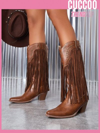 Cuccoo Everyday Collection Women's Pointed Toe Chunky Heel Western Boots In Brown With Fringe And Stud Detail