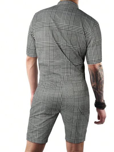 Men Plaid Print Button Front Romper