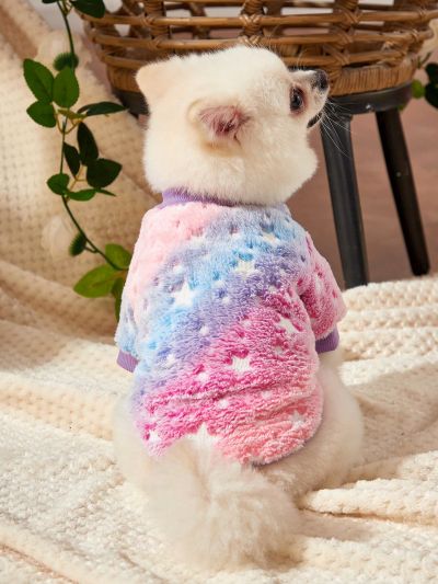 PETSIN (With Night Light) Rainbow Gradient Luminous Star Print Flannel Pet Sweater Without Hood, 1pc