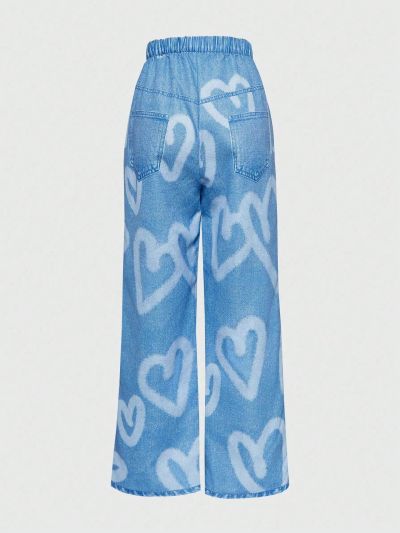 SHEIN Kids HYPEME Tween Girl Heart Print Denim Look Pants
