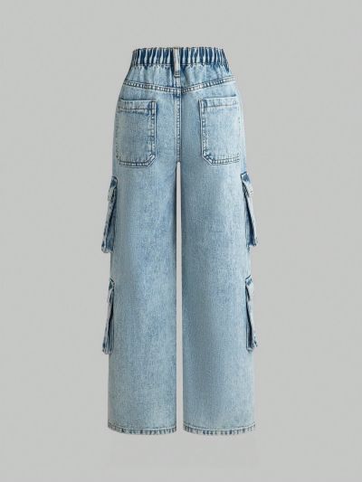 Tween Girls' Jeans New Arrival Casual Fashion Multi-Pocket Cargo Washed Denim Straight Pants