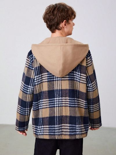 SHEIN Teen Boy Plaid Print Hooded Coat