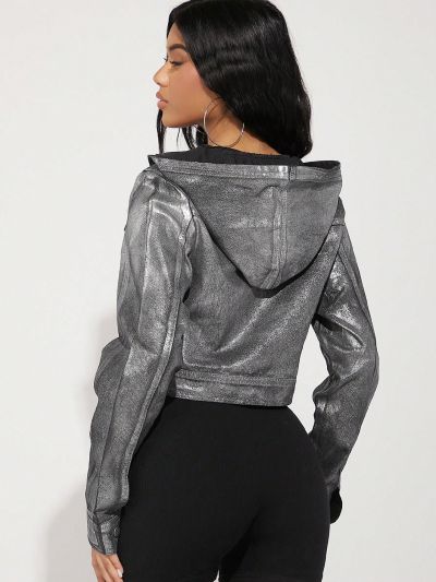 Minami Hooded Crop Metallic Denim Jacket