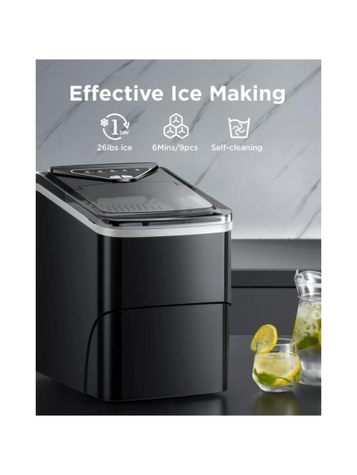 Ice Maker Countertop, 9 Cubes Ready in 6 Mins, 26lbs in 24Hrs, Self-Cleaning Ice Machine with Ice Scoop and Basket, 2 Sizes of Bullet Ice for Home Kitchen Office Bar Party