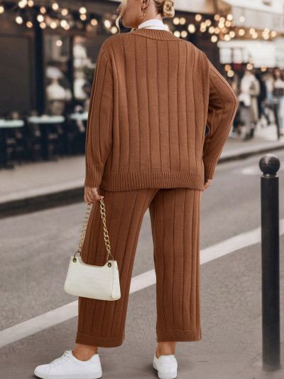 Plus Dual Pocket Cardigan & Knit Pants