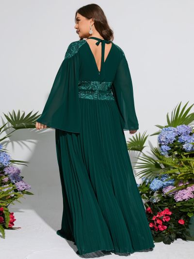 Plus Criss Cross Tie Back Lace Insert Pleated Hem Bridesmaid Dress