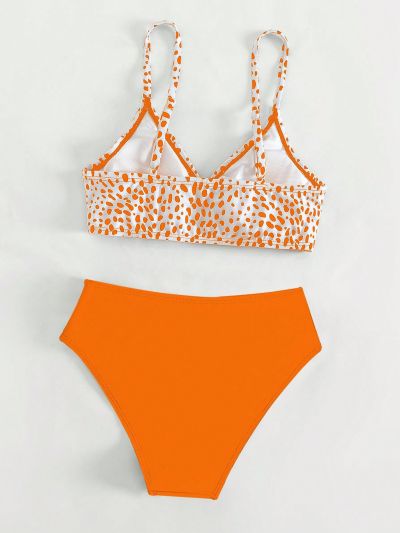 SHEIN Teen Girls Dalmatian Print Ring Linked Bikini Swimsuit