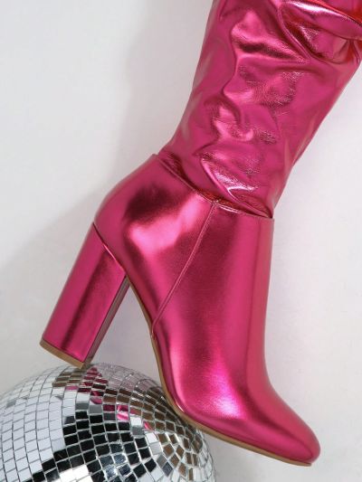 Faux Leather Thigh High Block Heel Boots