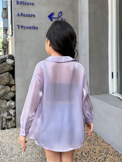 SHEIN Kids Y2Kool Young Girls' Sporty And Sweet Sheer Long Sleeve Shirt With Solid Color For Spring And Summer