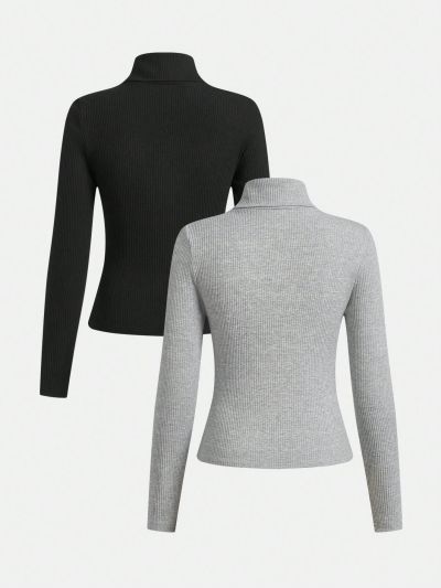 SHEIN Teen Girls' Knit Solid Color Ribbed Texture Turtleneck Casual Long Sleeve T-Shirt, 2pcs/Set