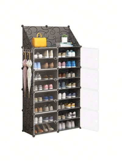 Shoe Rack Storage Cabinet with Doors, Key Holder, Portable Shoes Organizer, Expandable Standing Rack, Storage 32-64 Pairs Shoes, Boots, Slippers (2x8 Tier) (Black)