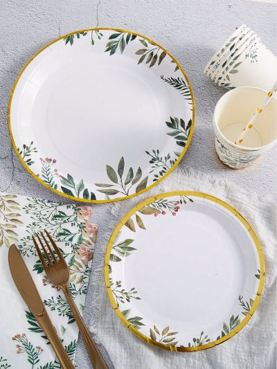 12pcs/set Plant Pattern Disposable Plate, Simple Disposable Paper Plate For Dinner Table