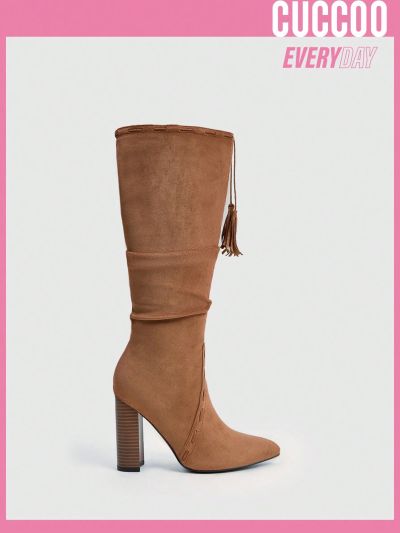Cuccoo Everyday Collection Women's Fashionable Elegant Tassel Decor Chunky Heel Knee-high Ruched Boots