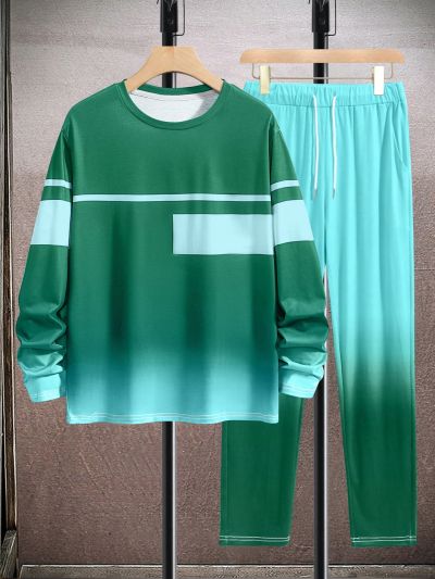 Men'S Striped Color Blocking Gradient Two Piece Set
