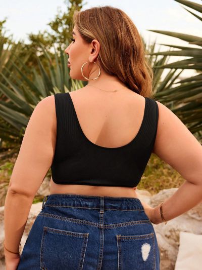 SHEIN Swim Basics Plus Size Solid Color Cross Detail Swimwear Top