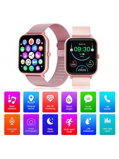 1pc Unisex Stainless Steel Strap Square Touch Screen Smart Watch With Blood Oxygen & Blood Pressure Monitoring, Call Function, Multiple Dials Setting, Daily Waterproof