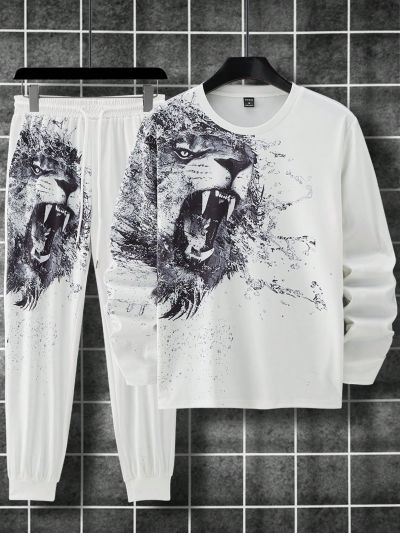 Manfinity EMRG Men's Lion Printed Long Sleeve T-shirt And Pants Set