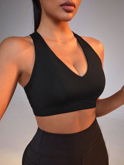SHEIN Yoga Basic Women's Solid Color Hollow Out Back Athletic Bra With Phone Pocket