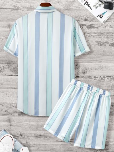 Manfinity Men Block Striped Shirt & Drawstring Waist Shorts Without Tee