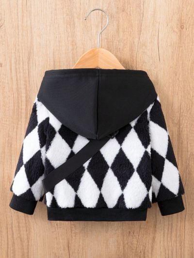 Baby Boy Argyle Pattern Hooded Teddy Jacket With Bag