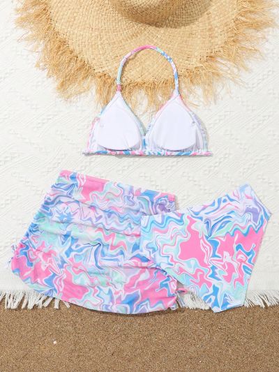 Girls' Full Print Halter Bikini Set And Swim Skirt
