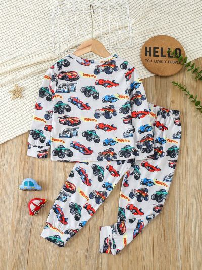 Toddler Boys' Letter & Off-Road Vehicle Printed Round Neck Long Sleeve Top And Long Pants Pajamas Set, Spring & Autumn