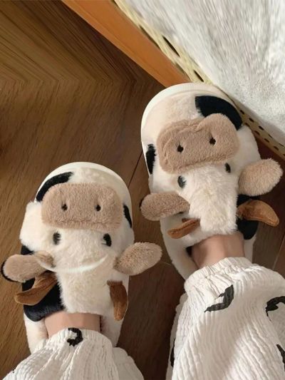 Kids' Home Slippers, Cute Cow Design Warm Indoor Slippers, Winter