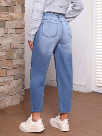 SHEIN LUNE Women's Distressed Washed Cat Whisker Design Tapered Jeans