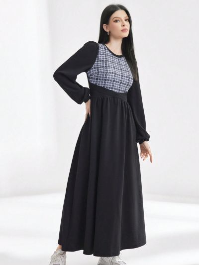 SHEIN Mulvari Ladies' Plaid Patchwork Lantern Slevees Arabian Dress