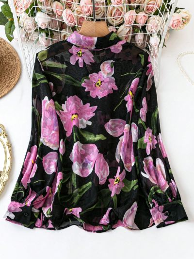 SHEIN Privé Plus Size Floral Long Sleeve Shirt