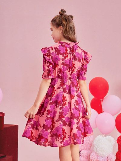 SHEIN Kids CHARMNG Tween Girl Woven Flower Pattern Short Sleeve Dress With Ruffle Hem And Peter Pan Collar