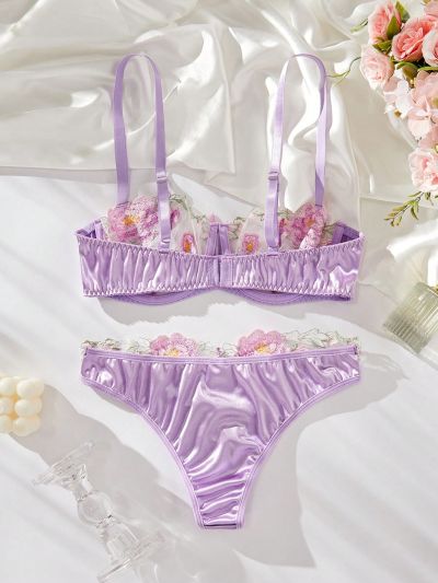 Ladies' Floral Embroidery Mesh Lingerie Set