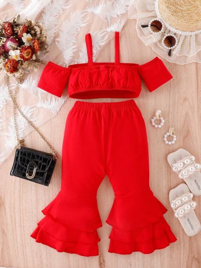 Baby Girl Solid Color Off Shoulder Short Sleeve Top And Flared Pants Set