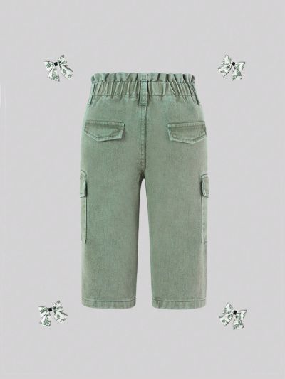Baby Girls' Elastic Waistband Flower Embellished Casual Multi-Pocket Green Denim Pants