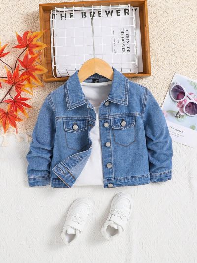 SHEIN Little Girls' Bear Pattern Denim Jacket
